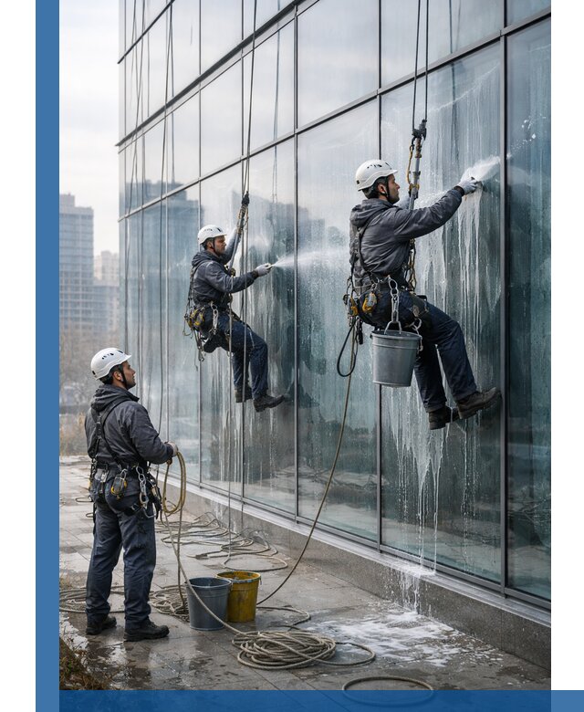 Промышленная мойка панорамных окон на высоте в Вятских Поляне