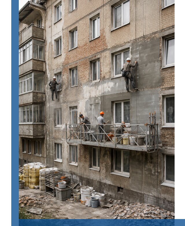 Капитальный ремонт фасада в Вятских Поляне с восстановлением и гидроизоляцией