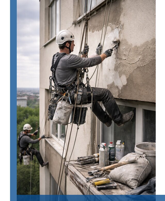 Косметический ремонт фасада зданий в Вятских Поляне промышленными альпинистами