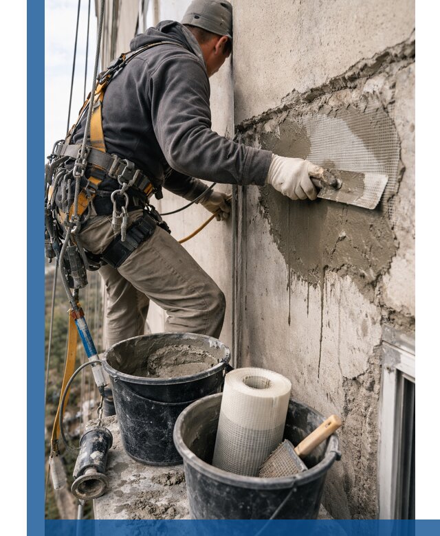 Ремонт бетонных элементов фасада промышленными альпинистами в Вятских Поляне