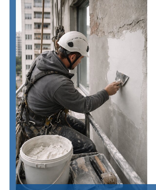 Шпаклевка фасадов на высоте с промальпинистами в Вятских Поляне