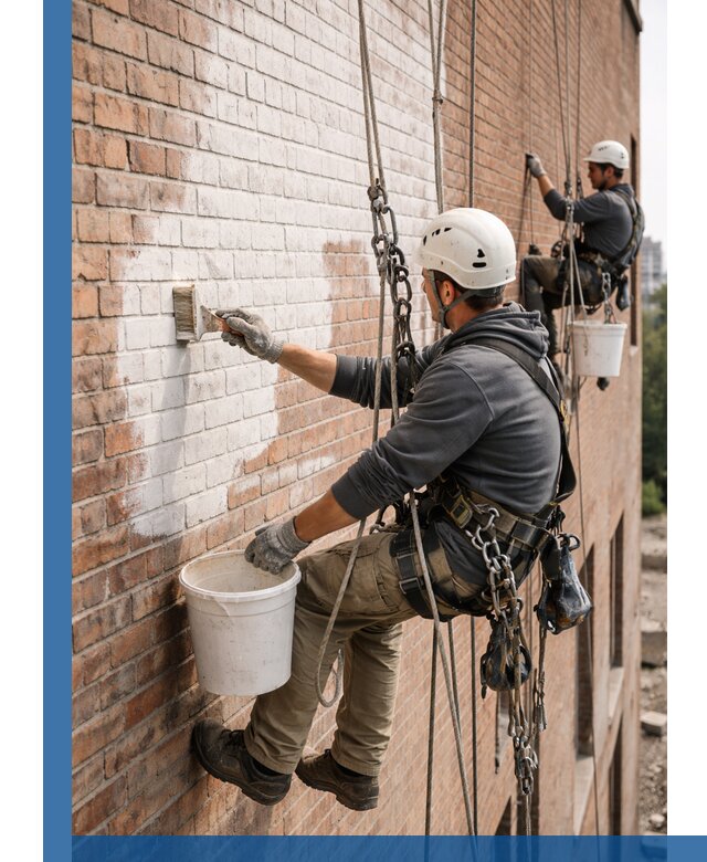 Покраска кирпичного фасада с доступным альпинистским сервисом в Вятских Поляне