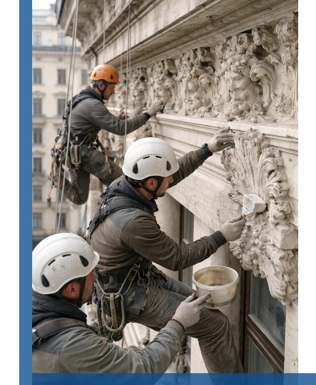 Реставрация фасадной лепнины с высотными работами в Вятских Поляне