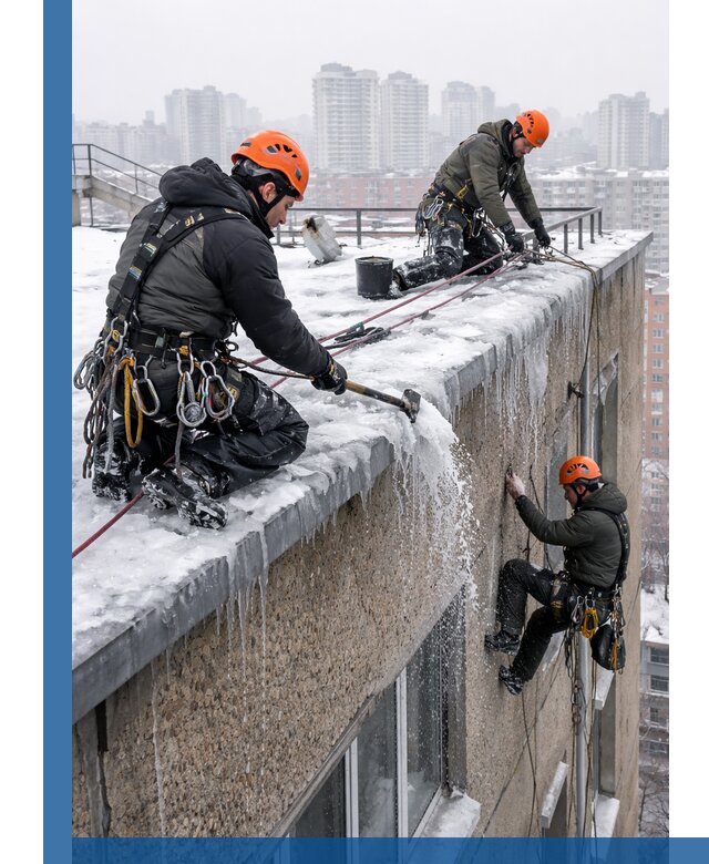 Удаление наледи с кровли в Вятских Поляне промышленными альпинистами