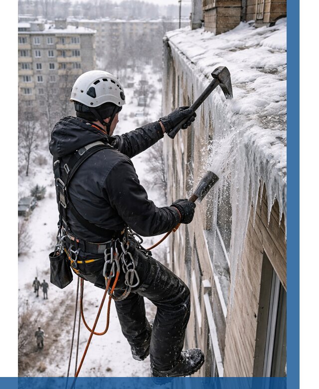 Сбивание сосулек с крыши в Вятских Поляне по цене от 4568 р. | ВЫСОТНИК-Втс