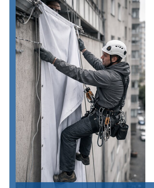 Замена баннерного полотна промышленными альпинистами в Вятских Поляне