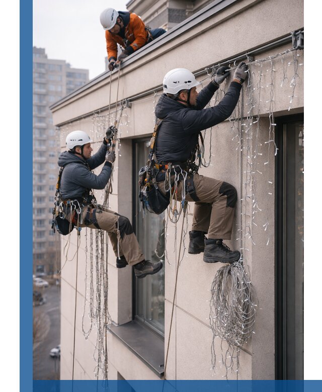 Монтаж праздничных гирлянд на фасаде в Вятских Поляне для зданий