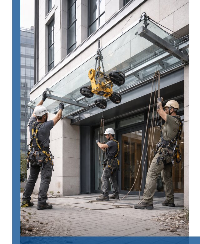 Монтаж стеклянных козырьков под ключ в Вятских Поляне для зданий