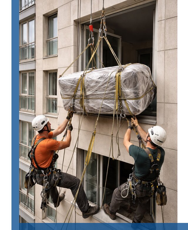 Подъем грузов через окно в Вятских Поляне промышленными альпинистами