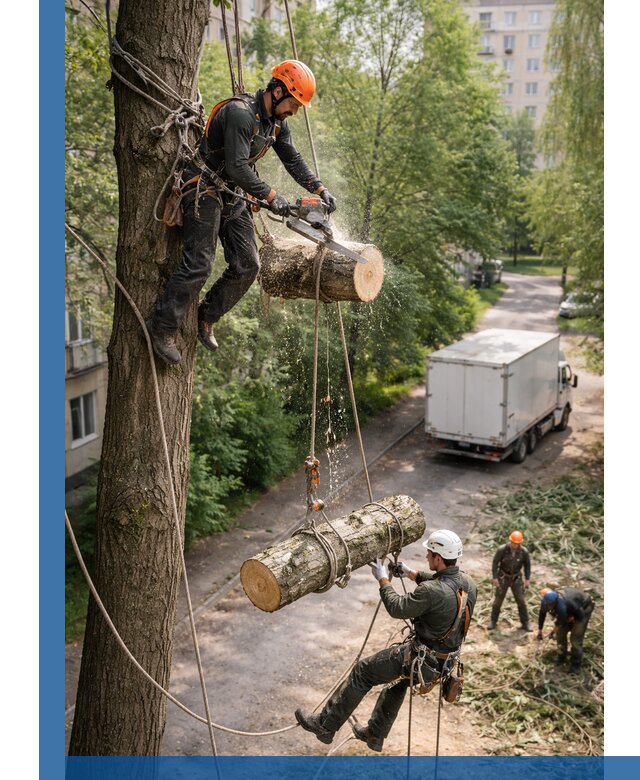 Спил деревьев альпинистами в Вятских Поляне, безопасно и без повреждений