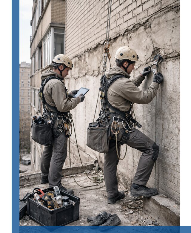 Обследование фасада промышленными альпинистами в Вятских Поляне